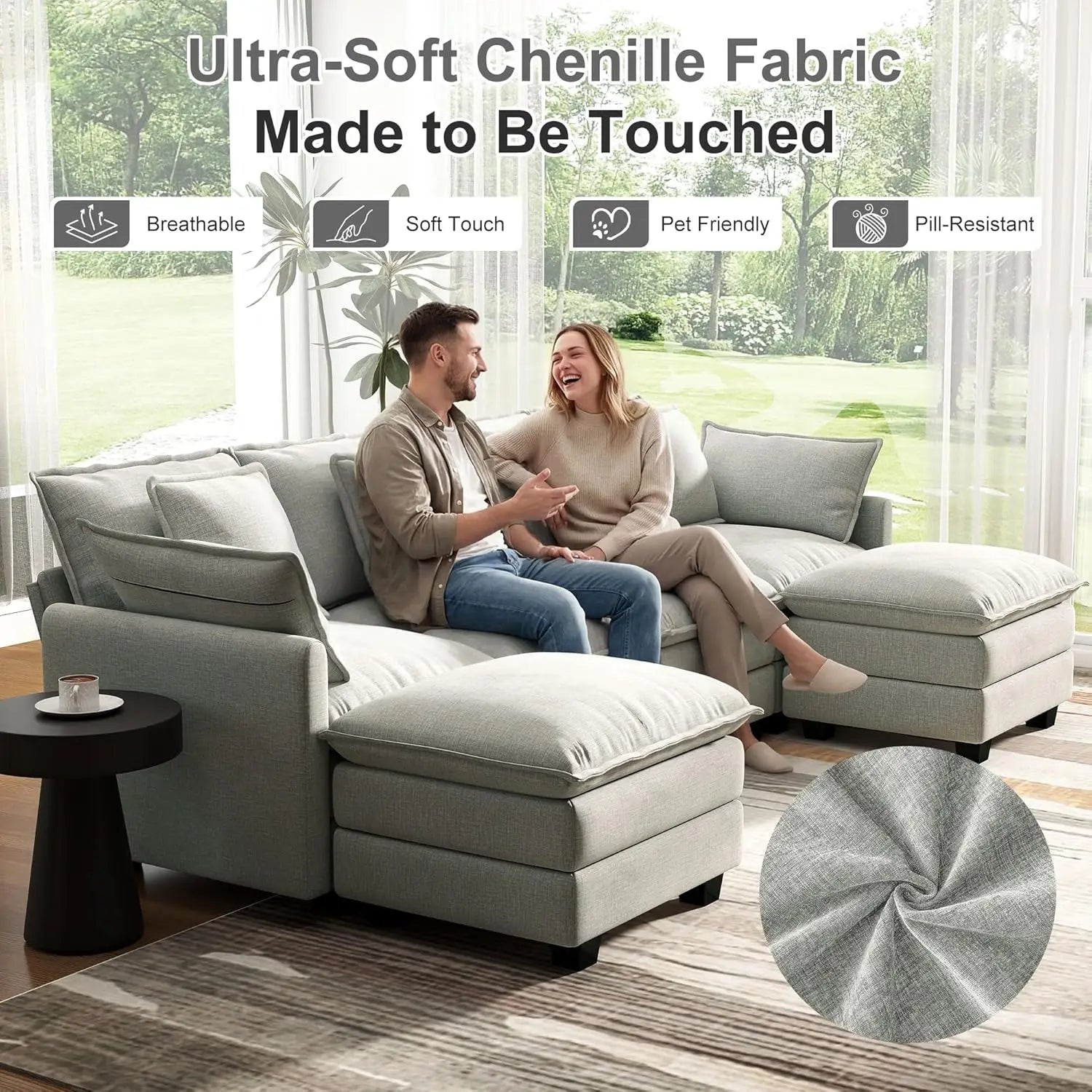 U Shaped Modular Sectional Sofa Deep Seat 4 Seat with 6 Washable Pillows
