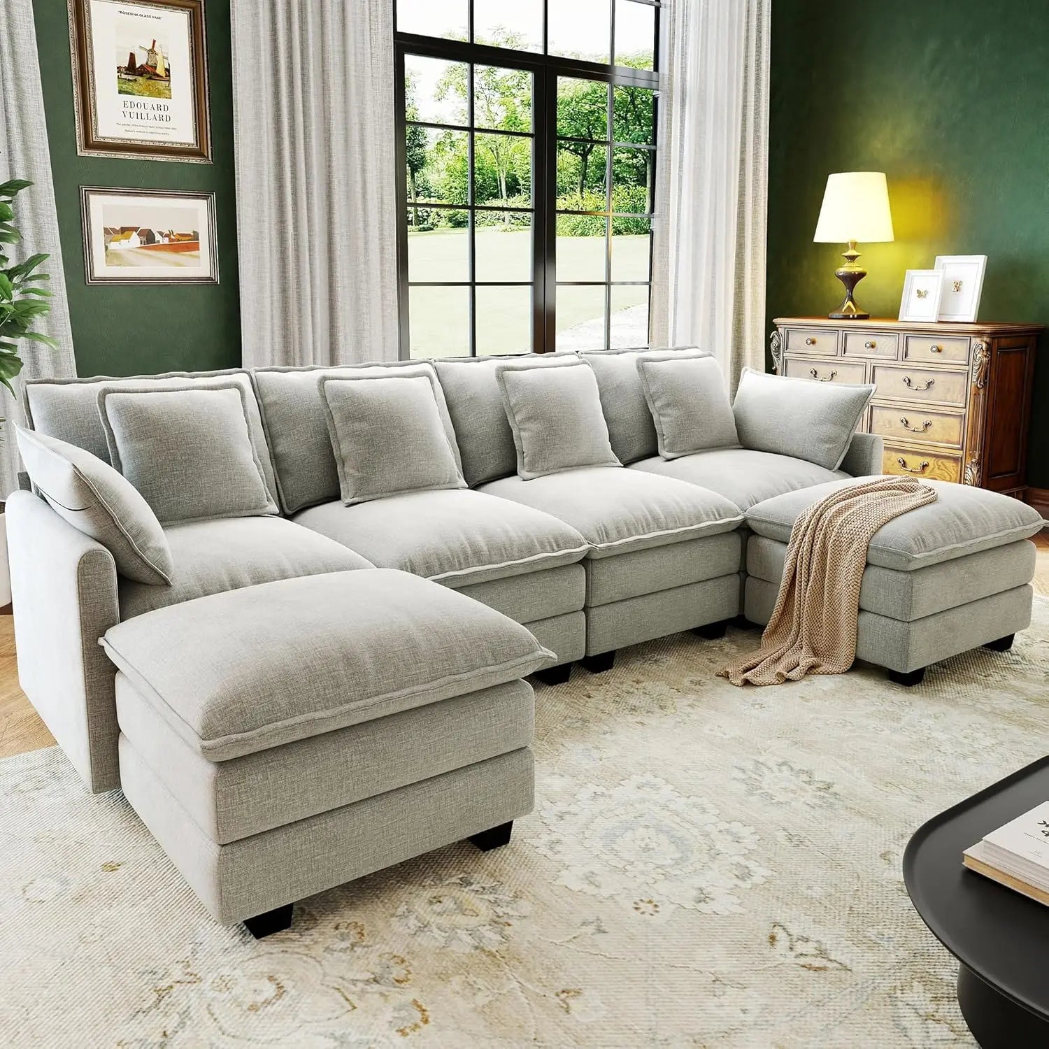 U Shaped Modular Sectional Sofa Deep Seat 4 Seat with 6 Washable Pillows