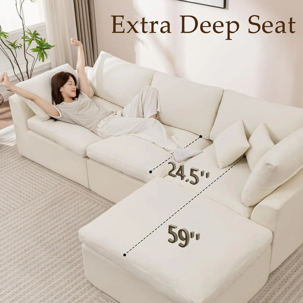 110" Modular Sectional Sofa with Ottoman, Deep Seat Fluffy Chenille, L-Shape Couch