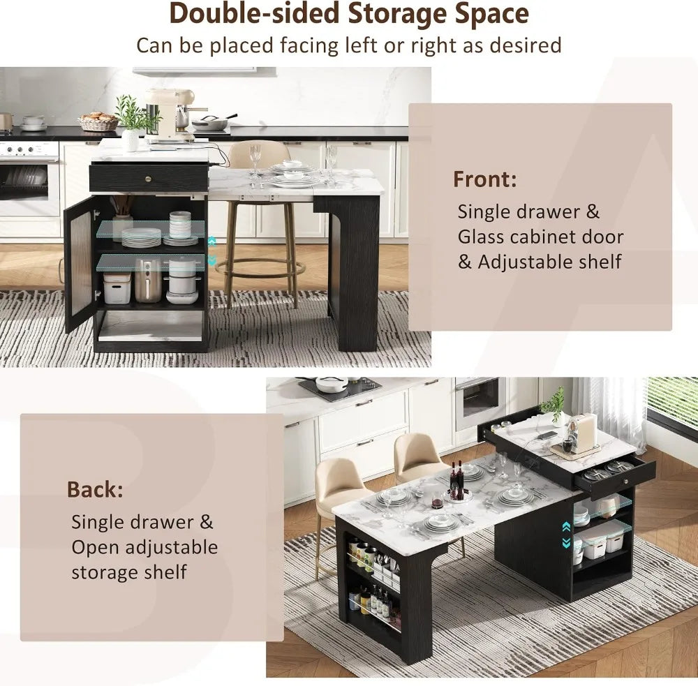 59.5" Kitchen Island with Extendable Dining Table, Black