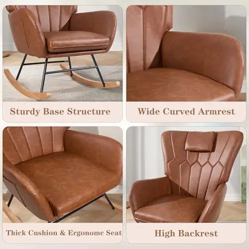 Brown Leather High-Back Rocking Armchair With Quilted Backrest