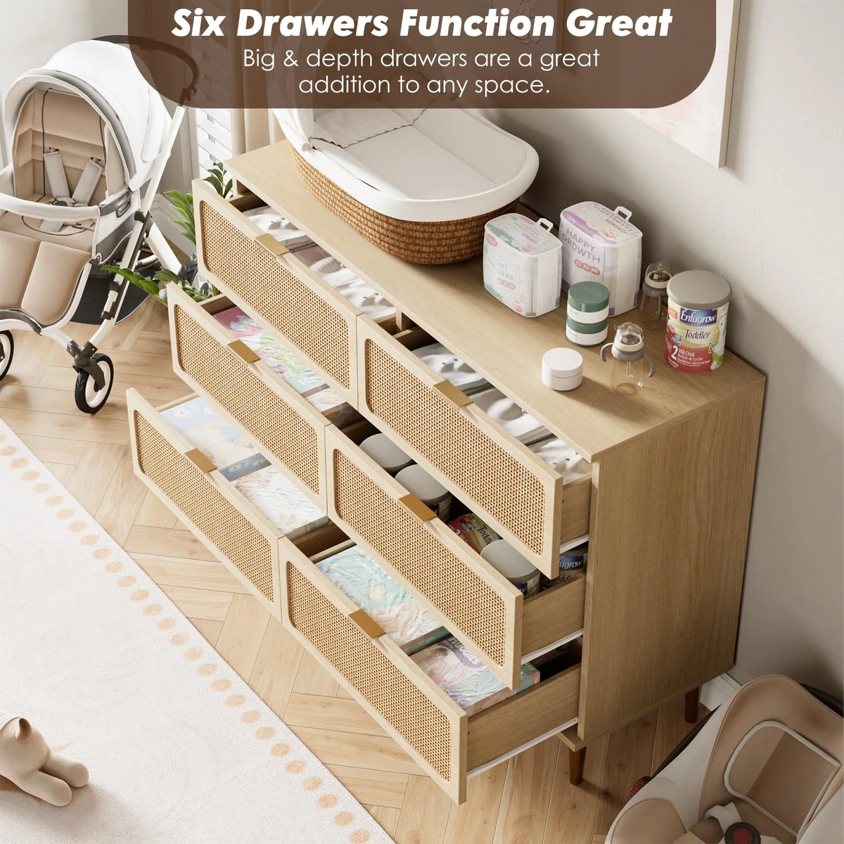 6-Drawer Rattan Dresser, Natural Hand-Woven Rattan & Wood Large Storage Dresser