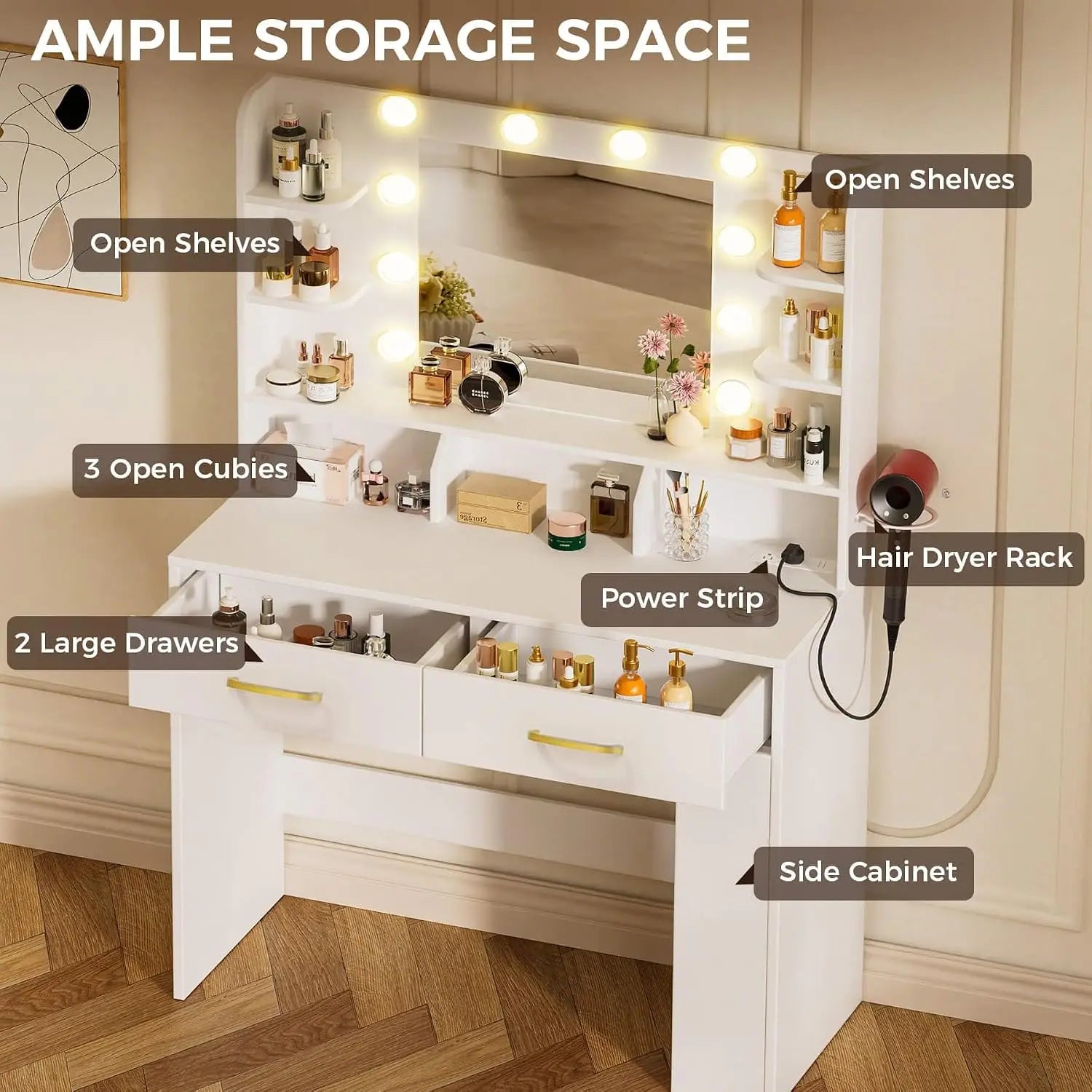 Vanity Desk with Lighted Mirror and Power Outlet, RGB LED Lights