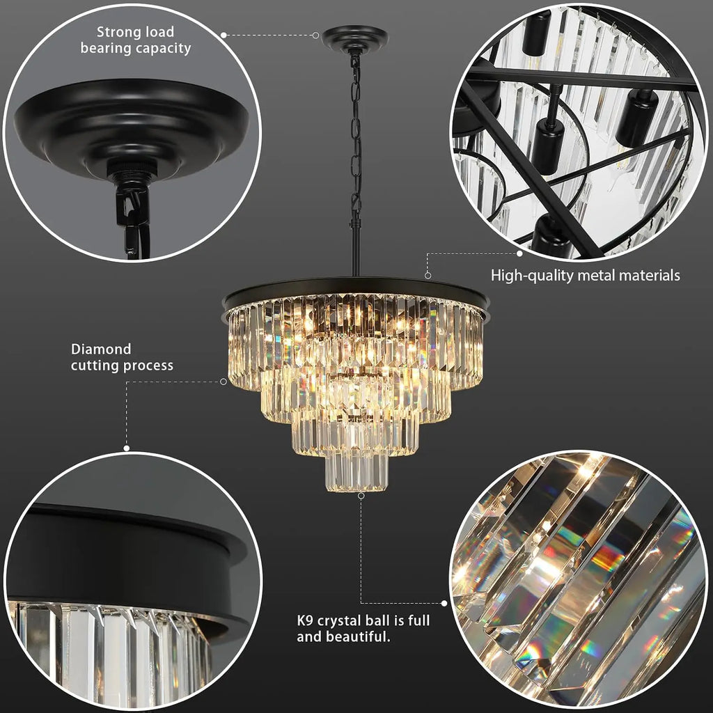 Layered Round Crystal Chandelier 15 Light Black Modern Dining Living Room Bedroom Entryway Kitchen Island 24 Inch