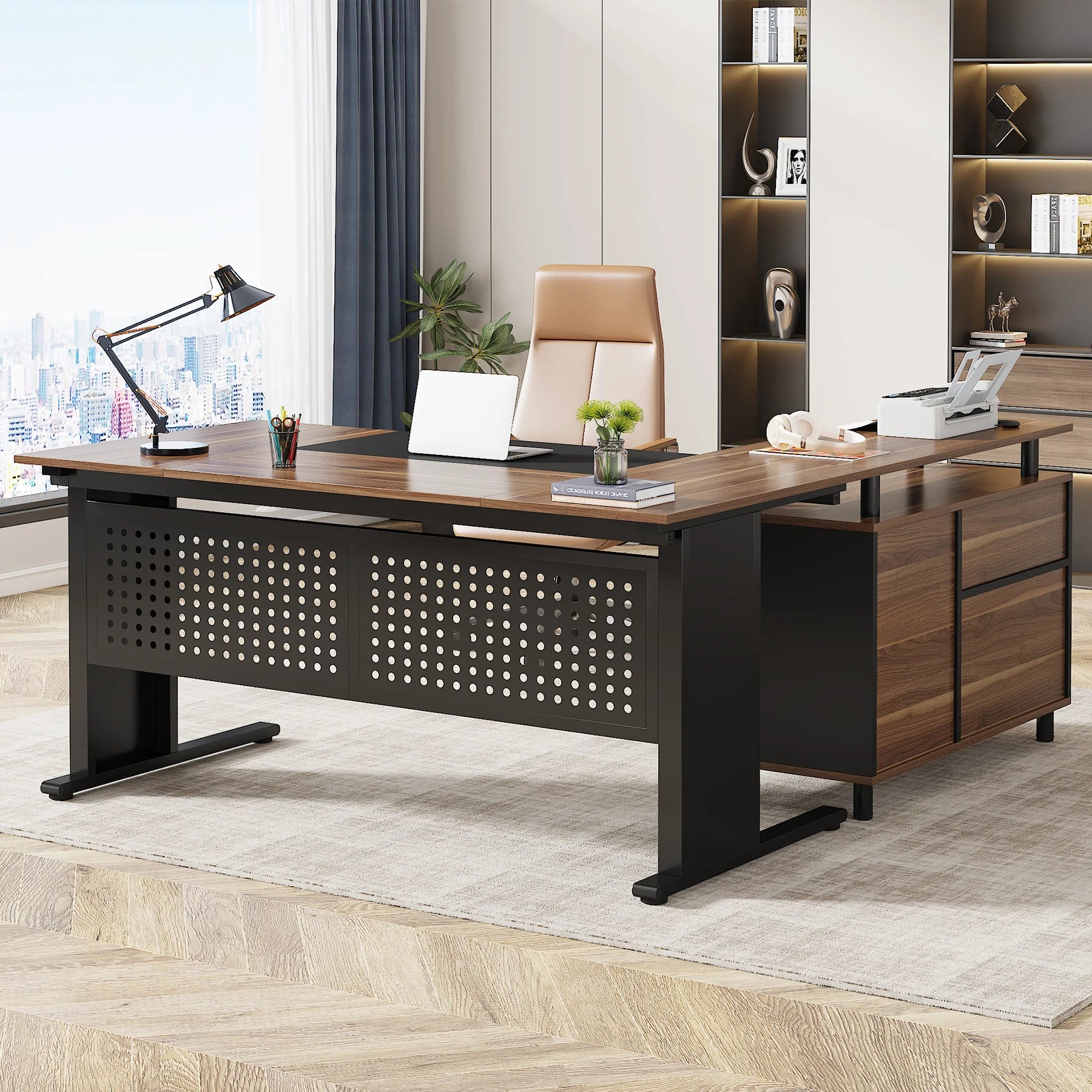 63 Inch Executive Desk with File Cabinet, Computer Desk with Drawers