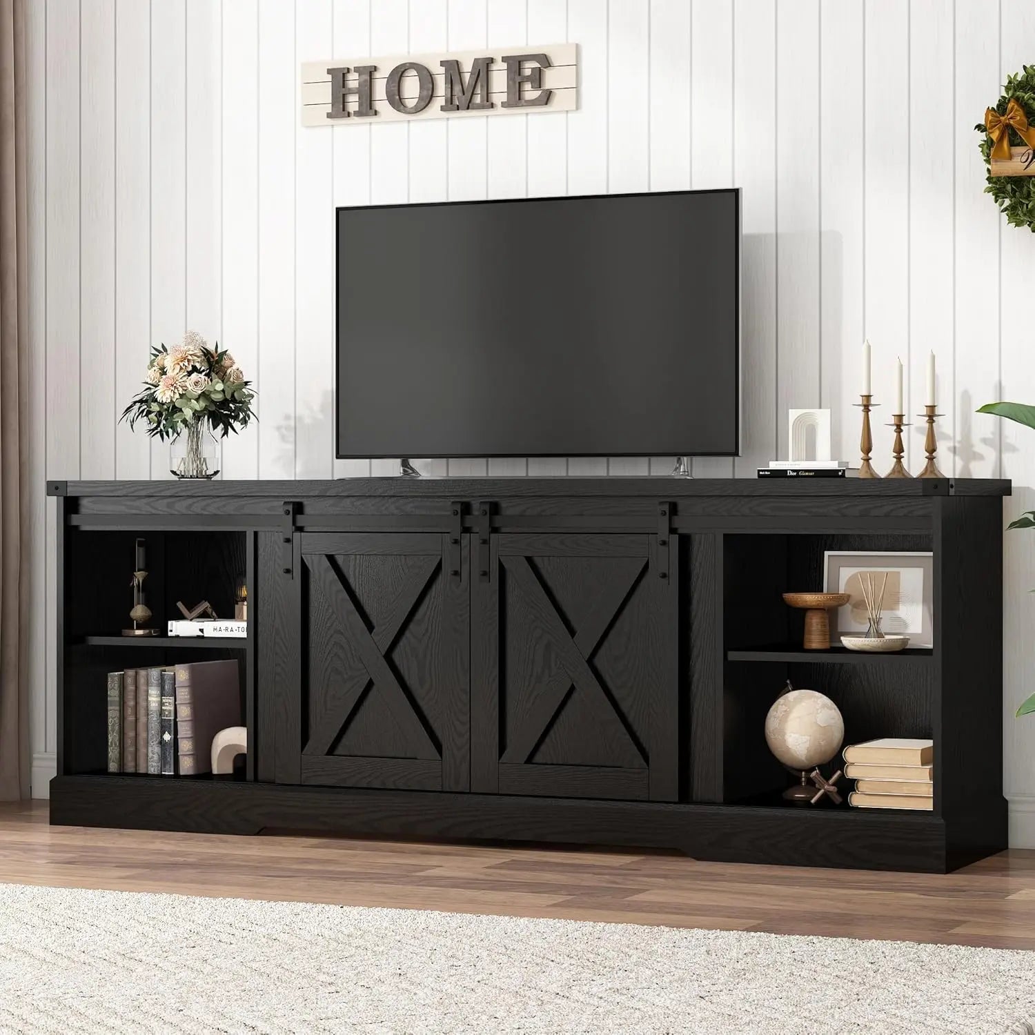 Farmhouse TV Stand 70/75/80 Inch, Entertainment Center With Sliding Barn Doors, Storage Console Living Room, Black, Customized