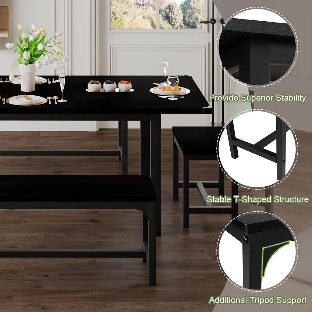 5 Piece Dining Table Set For 4 To 8 People With 2 Benches And 2 Square Stools