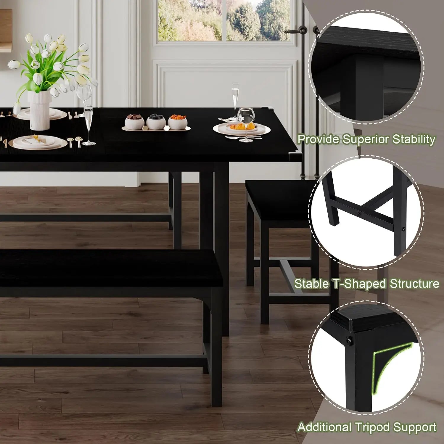 5 Piece Dining Table Set For 4 To 8 People With 2 Benches And 2 Square Stools