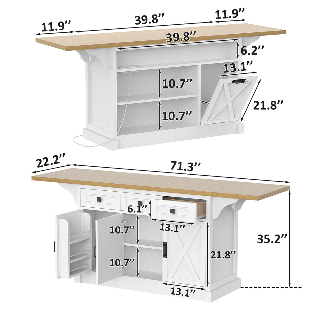 73" Large Kitchen Island Cart with Trash Storage Cabinet, Power Outlet, Drop Leaf, Island Table for Kitchen