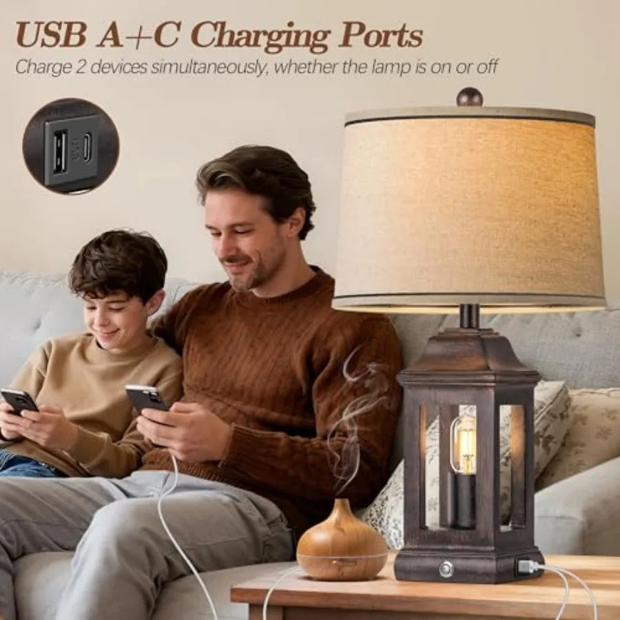 24" Rustic Farmhouse Table Lamps for Living Room, Single Pack Touch Dimmable Nightlight Vintage Bedside Lamps with USB A+C Port