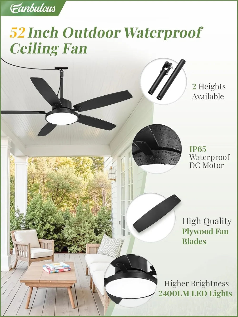 52'' Outdoor Ceiling Fan with Light and Remote