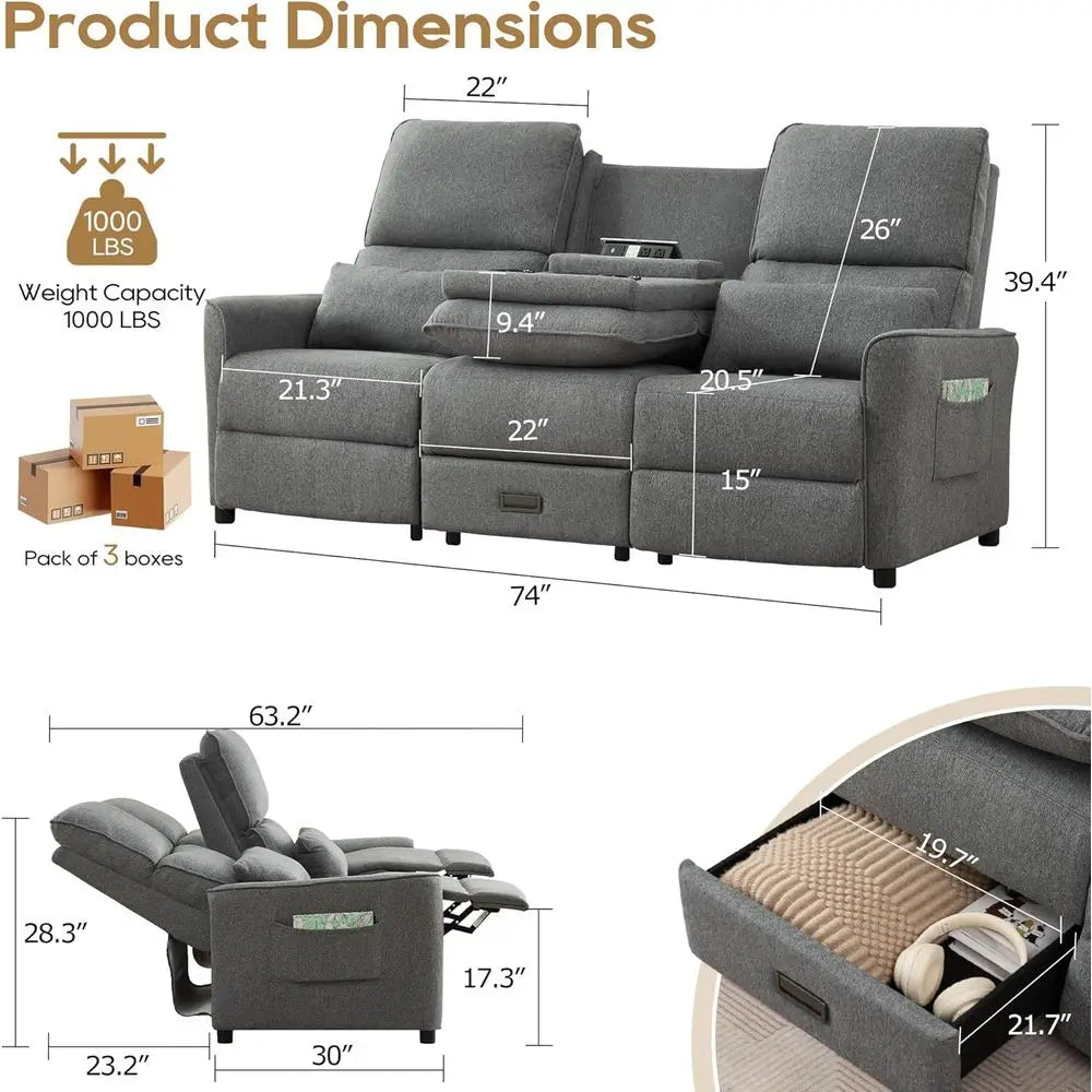 74'' RV 3 Seater Recliner Soa, Linen abric Three Camper Couch 3 Seater Recliner, Home Movie Theater Seating Chair, 3 Person Push