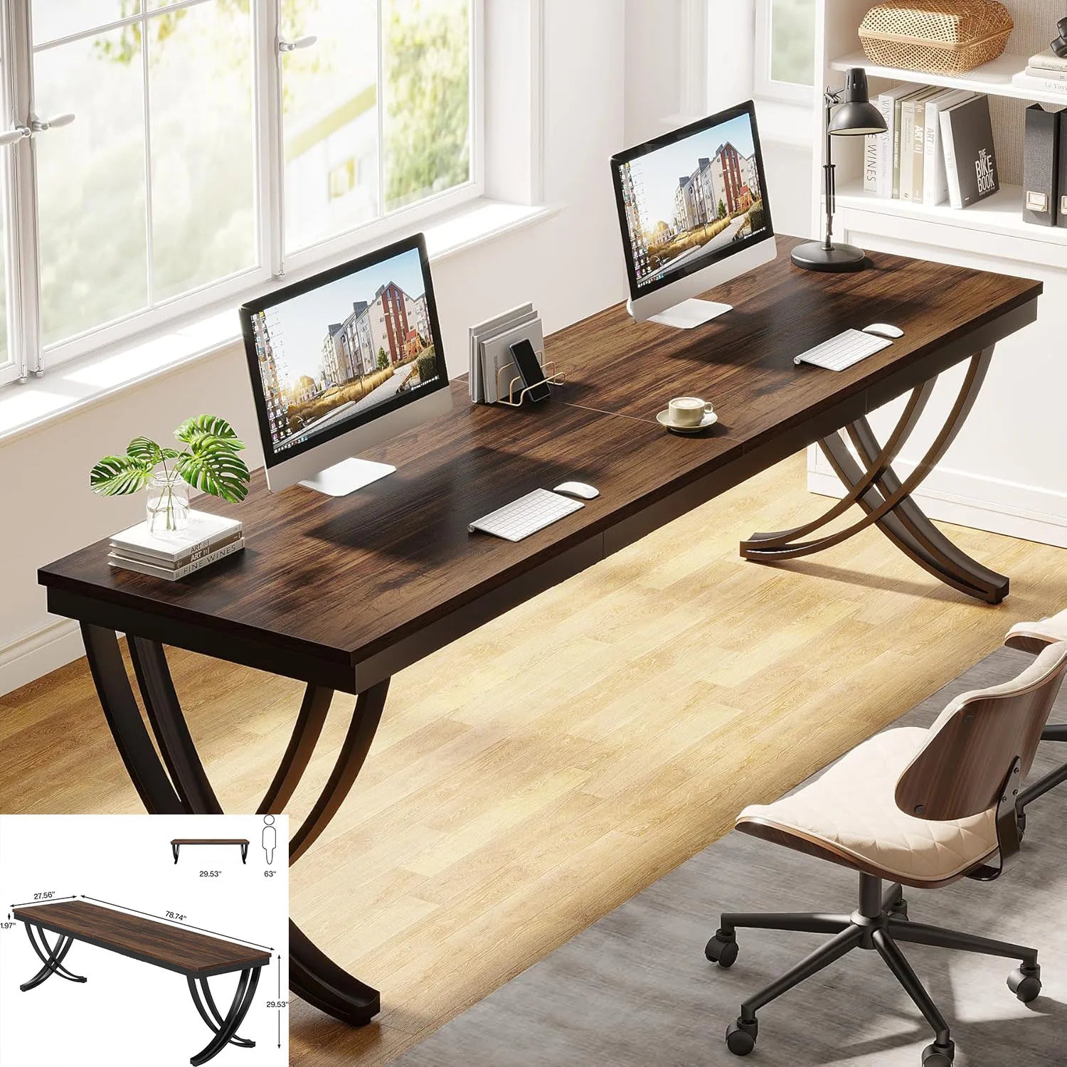 Computer Desk, Double Long Desk with 2 Drawers