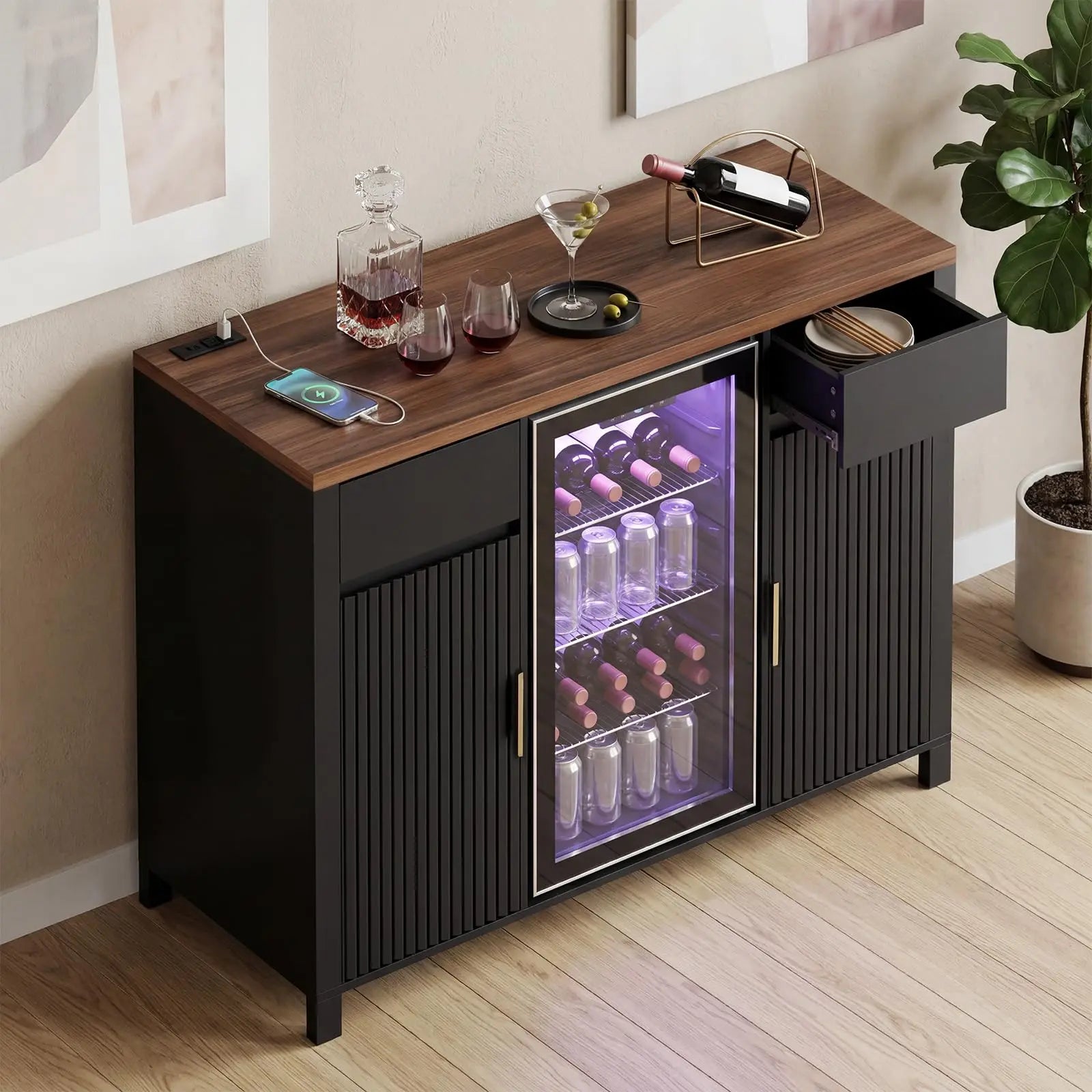 Fluted Coffee Bar Cabinet With Mini Fridge Space