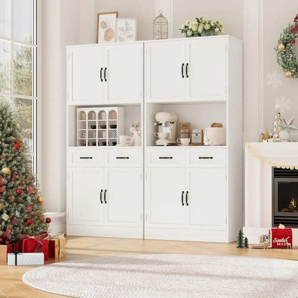 71-inch Tall White Kitchen Pantry Cabinet with Microwave Stand and Hutch for Dining Room Storage