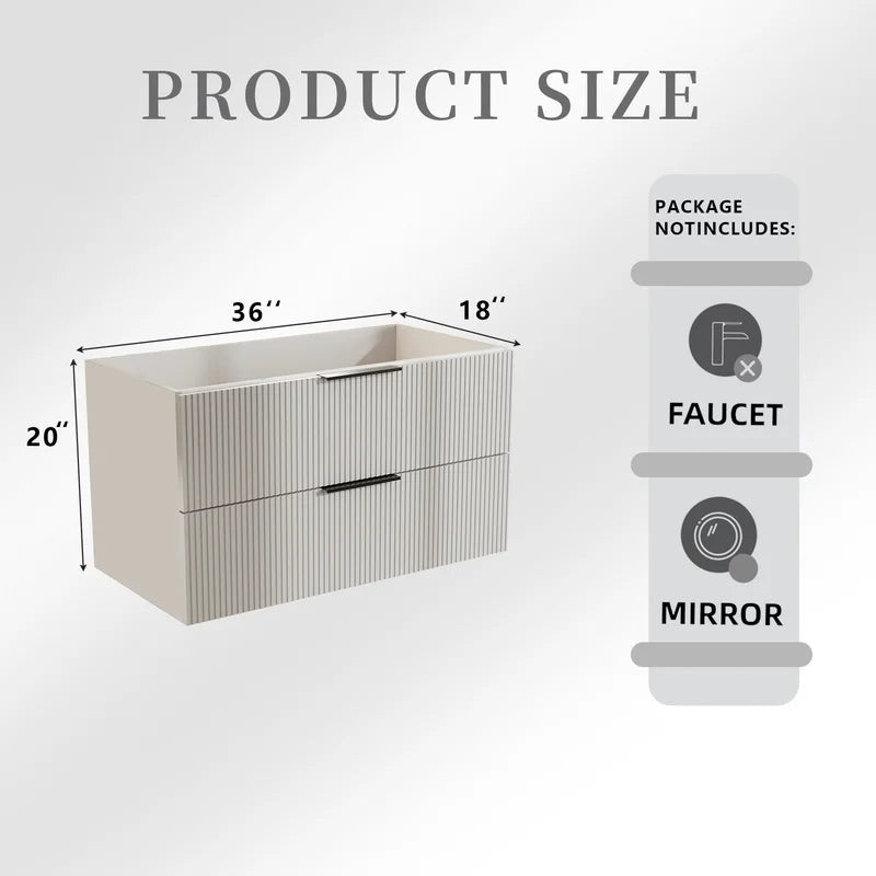 36 Inch Wall Mounted Floating Vanity with Ceramic Sink and Drawers