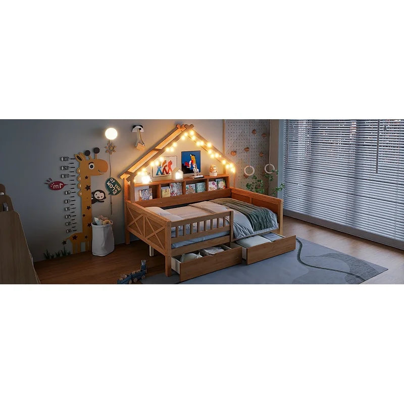 Natural Wood Full Size Platform Bed with LED,