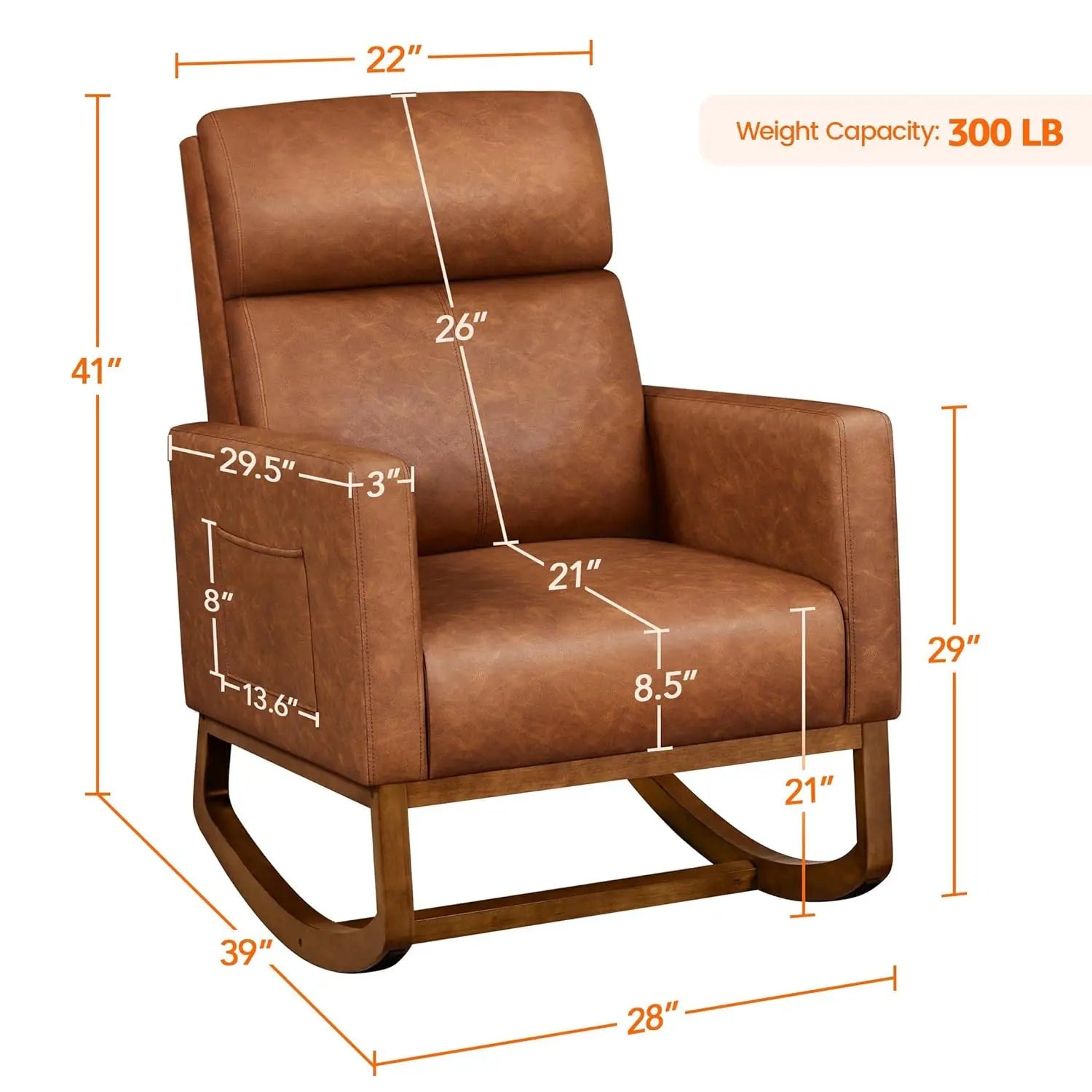 Leather Rocking Chair High Back Side Pocket Wood Legs