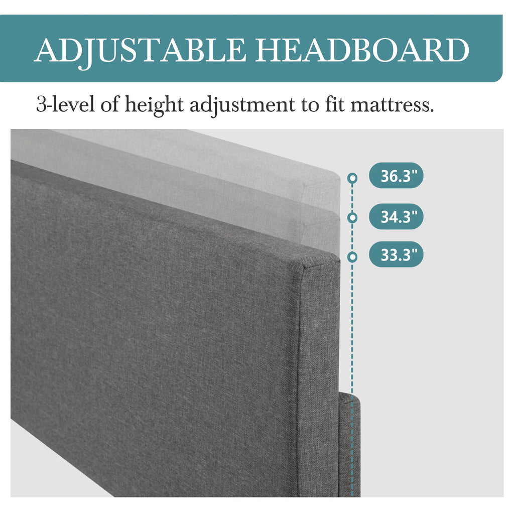 Upholstered Bed Frame with Adjustable Headboard, Soft Linen Fabric