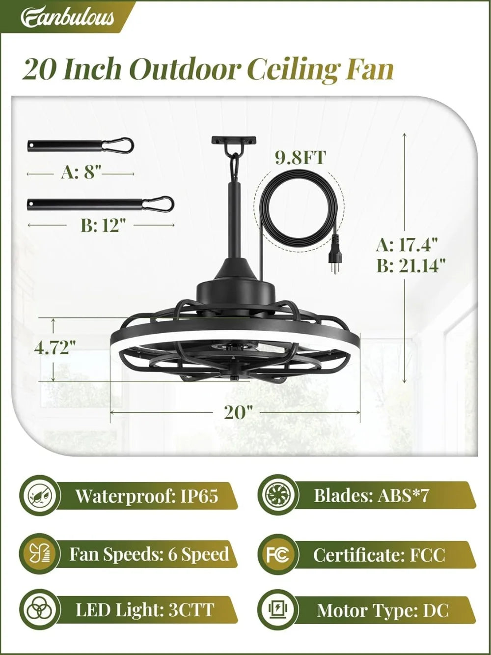 20" Outdoor Ceiling Fan with Light