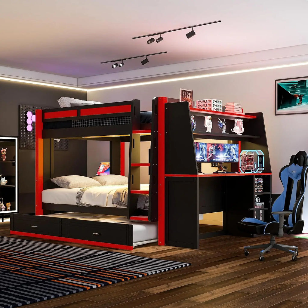 Full Size Gaming Bunk Bed with Desk, LED Lights & Trundle