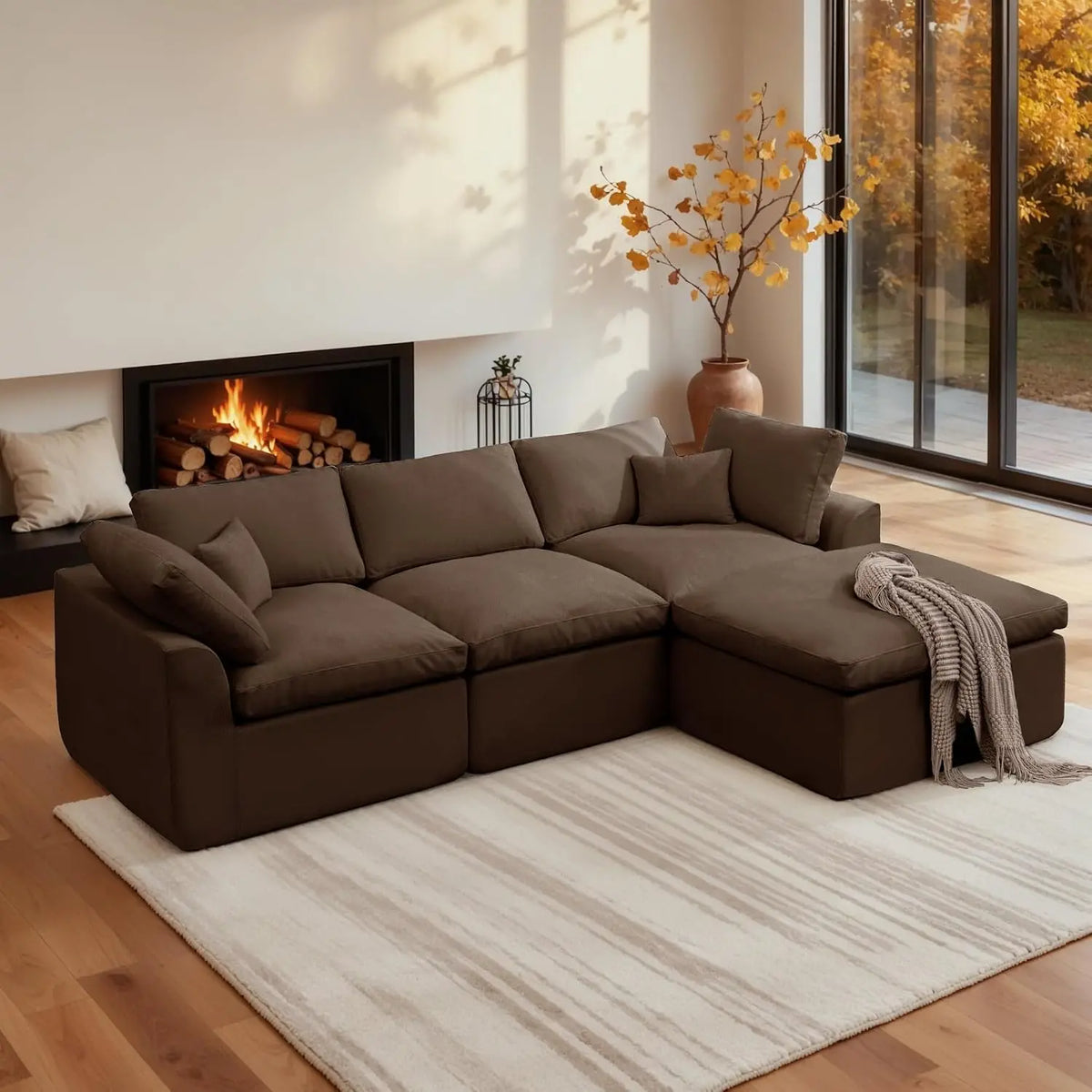 110" Modular Sectional Sofa with Ottoman, Deep Seat Fluffy Chenille, L-Shape Couch