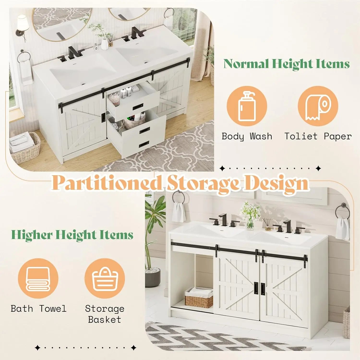 61" Farmhouse Double Bathroom Vanity with Sink Combo