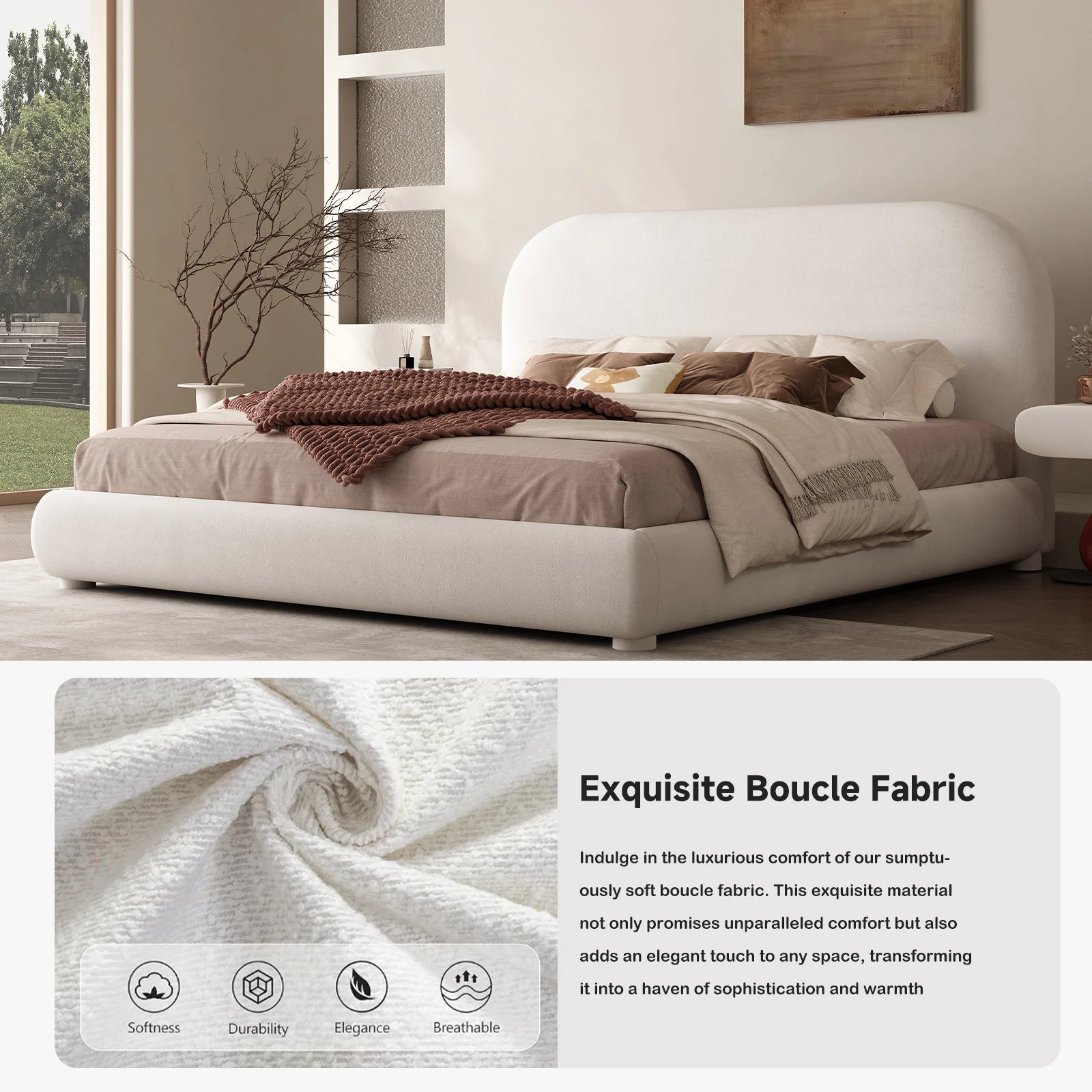 Queen Size Boucle Bed Frame, Upholstered Cloud Bed Frame with Headboard, Soft Platform Bed Frame with Thickened Footboard, Rounded Corners, No Box Spring Required