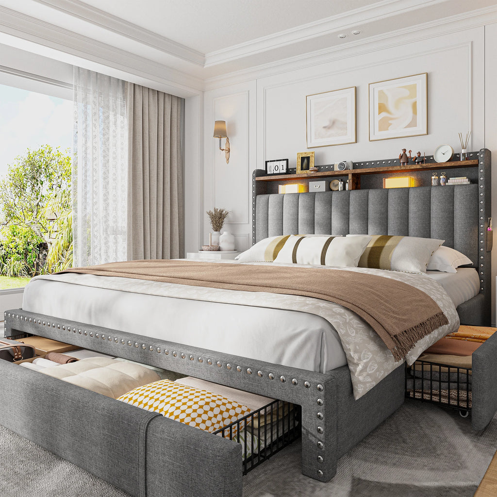 Full/Queen/King Bed Frame with 3 Drawers & 2-Tier Storage