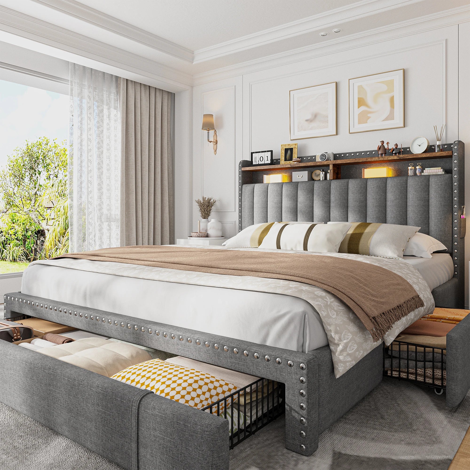 Full/Queen/King Bed Frame with 3 Drawers & 2-Tier Storage