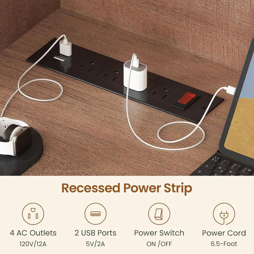 L-Shaped  Storage Desk with LED Light, Power Outlet, and Display Cabinet