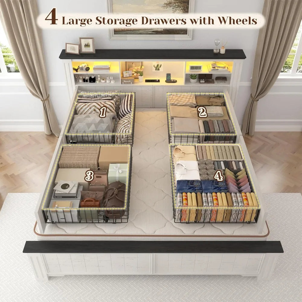 White Queen Bed Frame with Headboard and Storage, LED