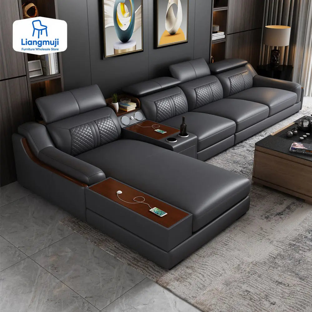 Stylish Italian Genuine Leather Sofa for Living Room with USB, Adjustable Headrests & Bluetooth Speaker