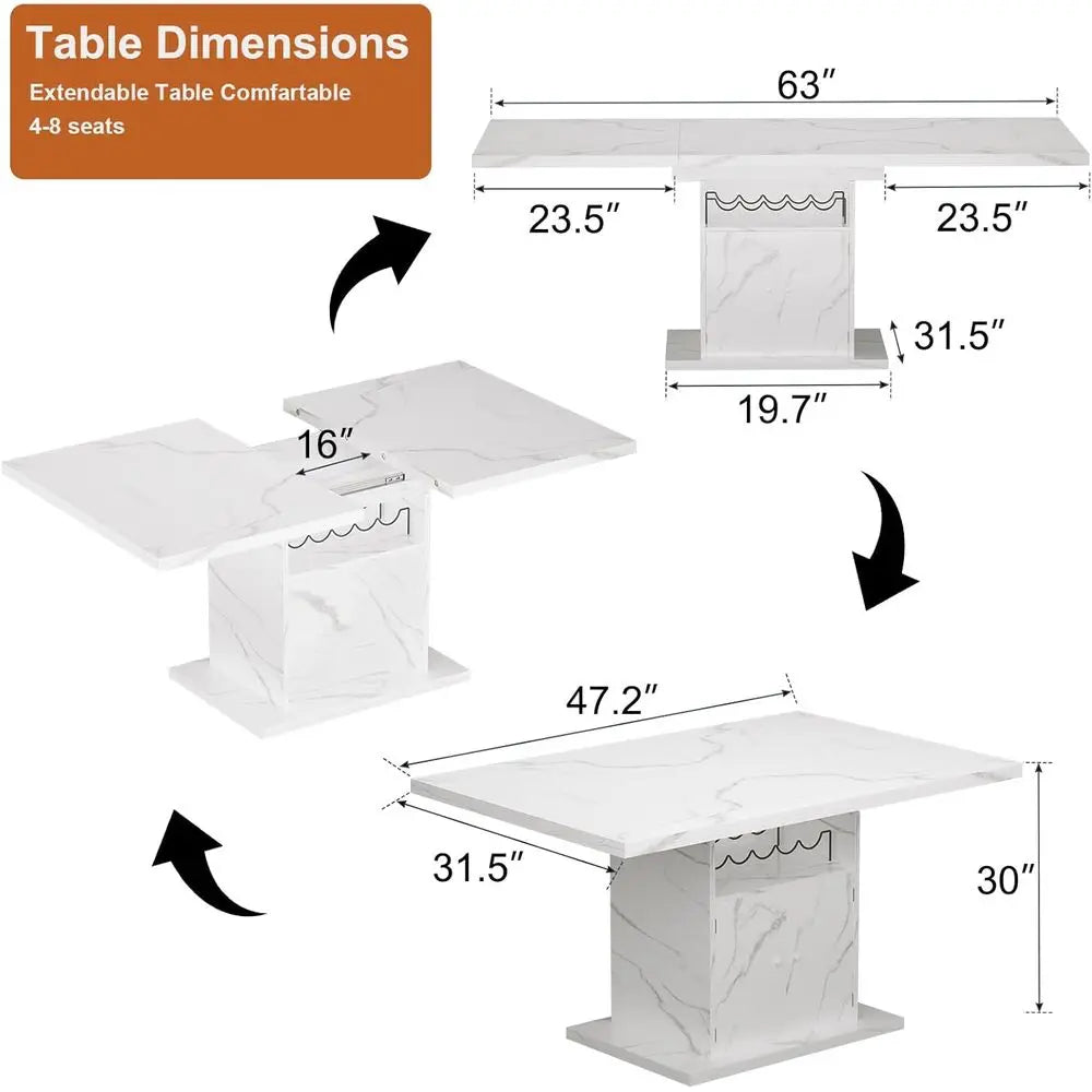 Expandable Marble Top Dining Table, Seats 4-6, 47-63 Inches with Storage