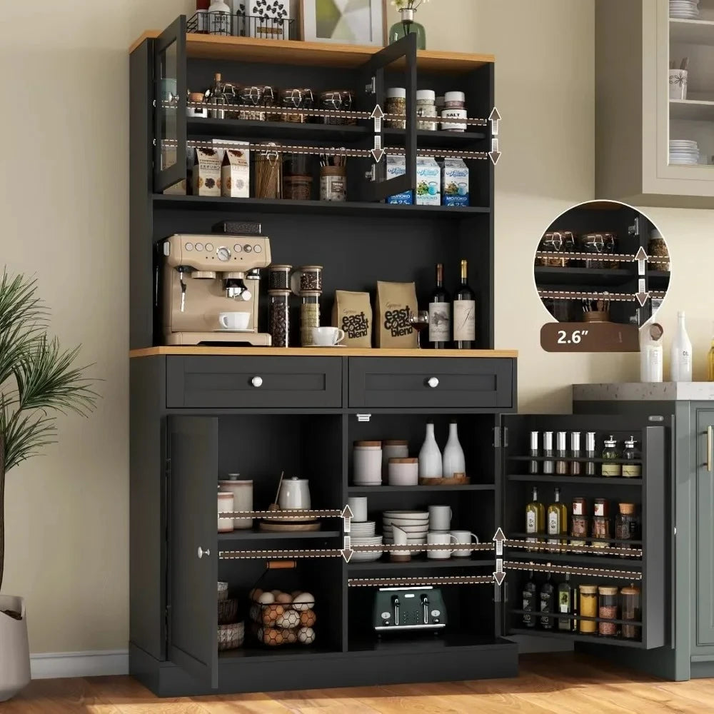 Modern Kitchen Hutch with Microwave Stand, Kitchen Pantry Storage Cabinet with 2 Darwers & Door Shelf，Tall Pantry Cabinet