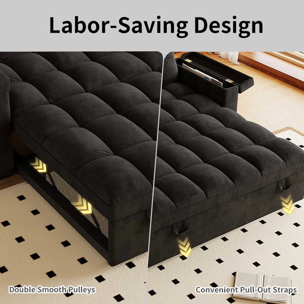 65" 3-in-1 Foldable Velvet Sofa Bed with USB Charging Port