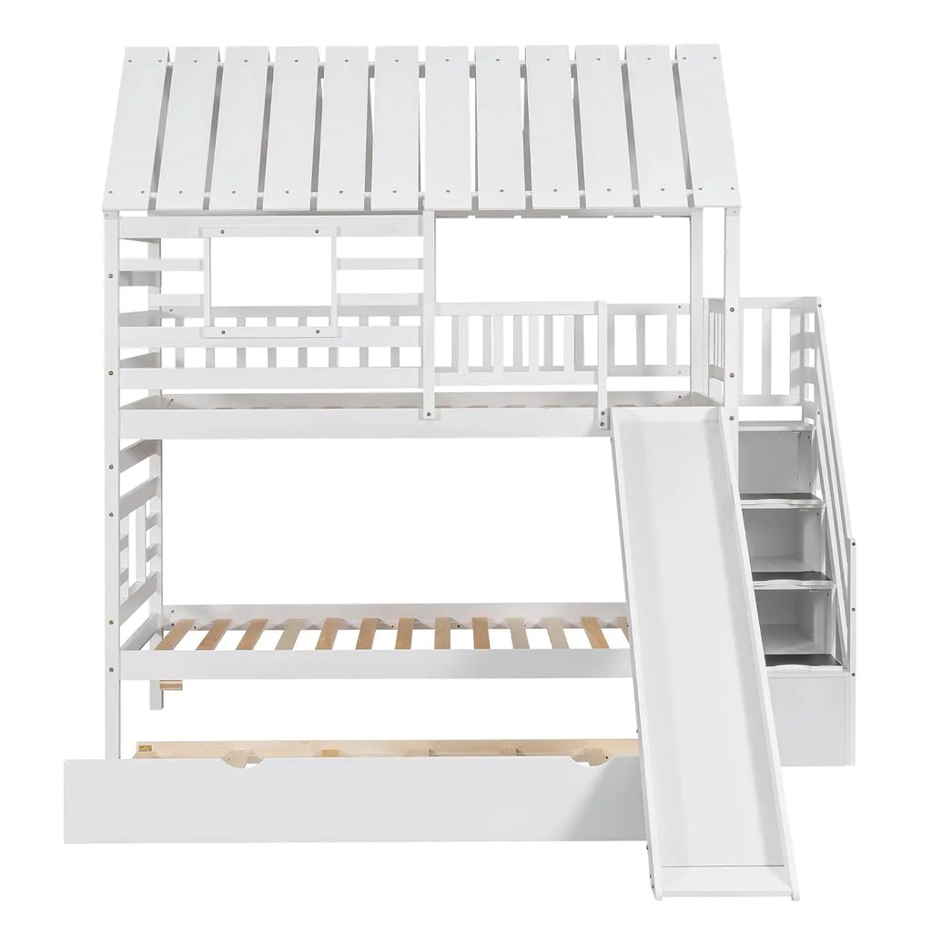 Twin Over Twin House Bunk Bed with Slide & Trundle
