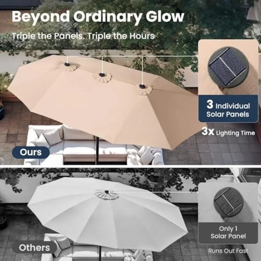 Large Patio Umbrella with Base and Solar Lights
