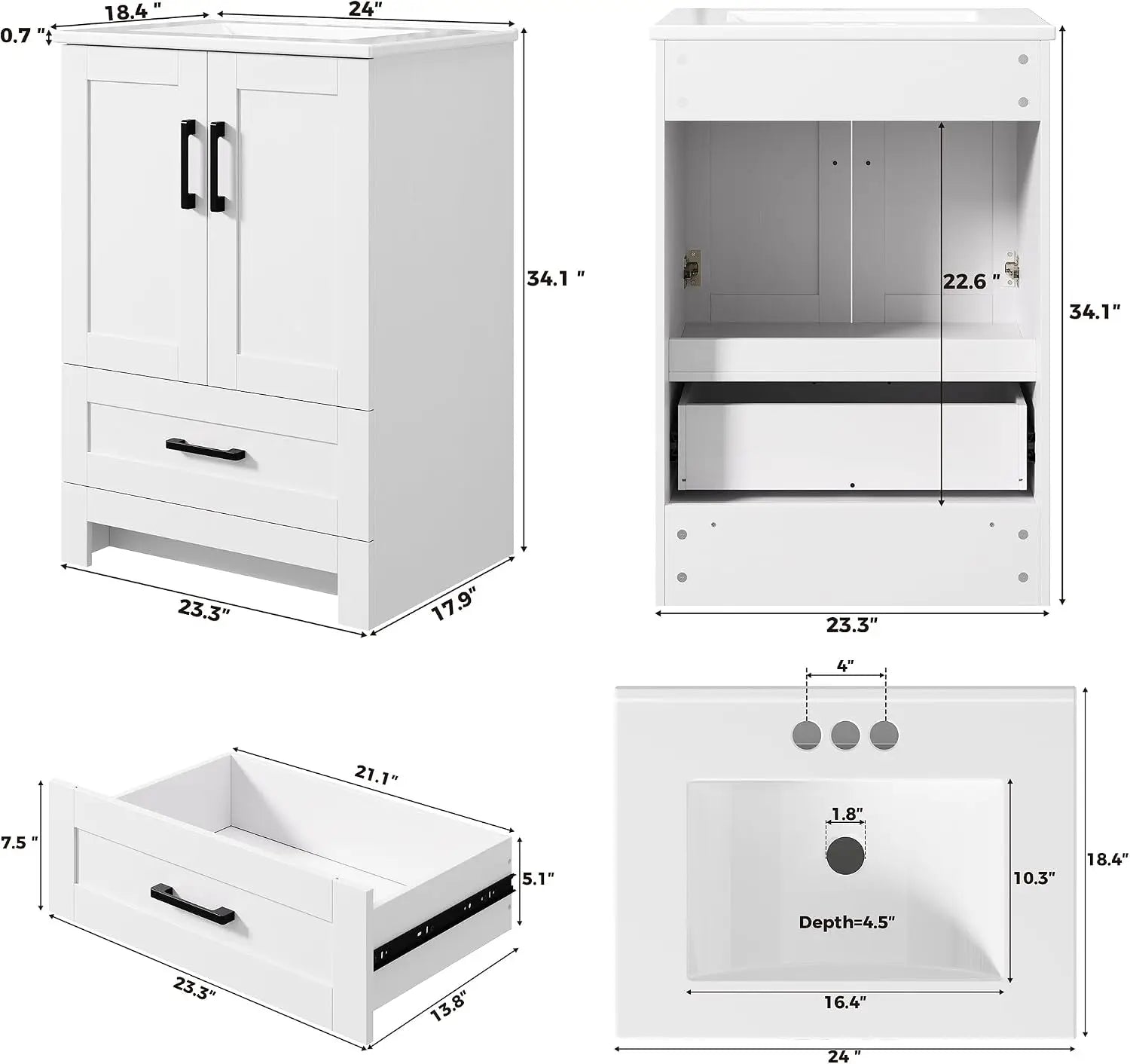 24" Bathroom Vanity with Sink, Freestanding Cabinet