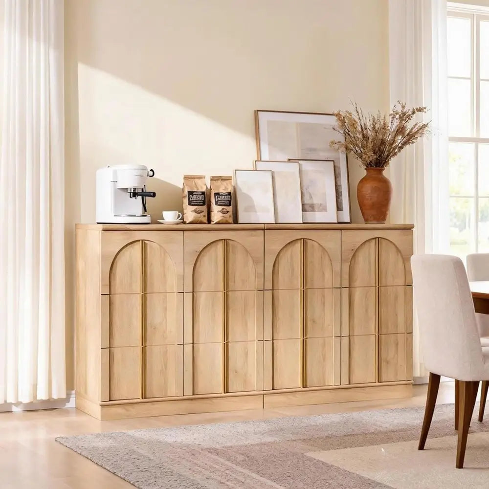 63 Natural Oak Sideboard Buffet Cabinet with Storage and Arched Doors for Living Room, Kitchen, or Entryway