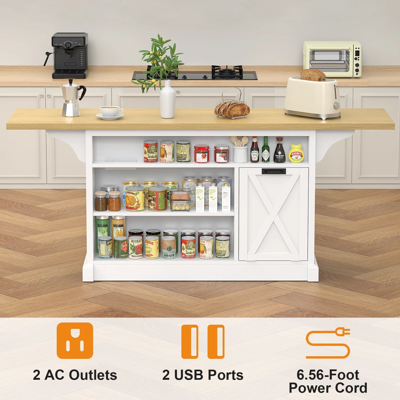 73" Large Kitchen Island Cart with Trash Storage Cabinet, Power Outlet, Drop Leaf, Island Table for Kitchen