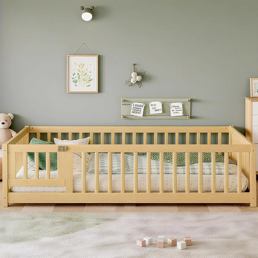 Full Size Montessori Floor Bed Frame with Rails & Door