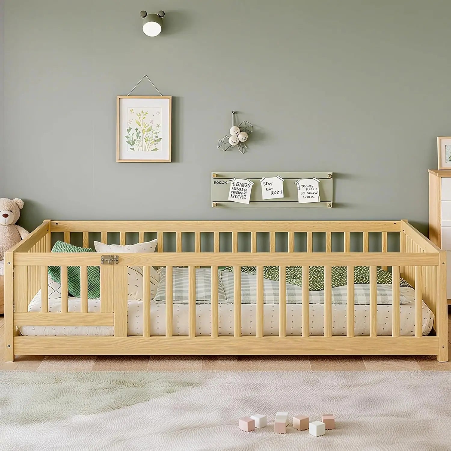 Full Size Montessori Floor Bed Frame with Rails & Door