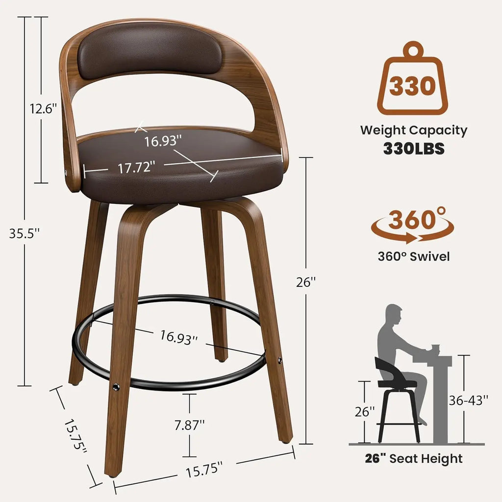26in Bentwood Counter Stools Set 3 Leather Swivel