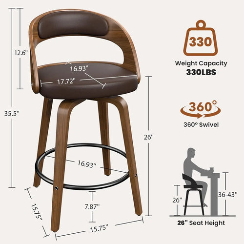 26in Bentwood Counter Stools Set 3 Leather Swivel