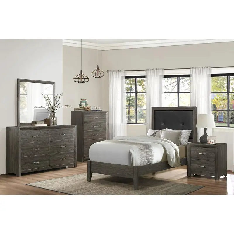 Contemporary Twin Bed with Button-Tufted Dark Gray Faux Leather