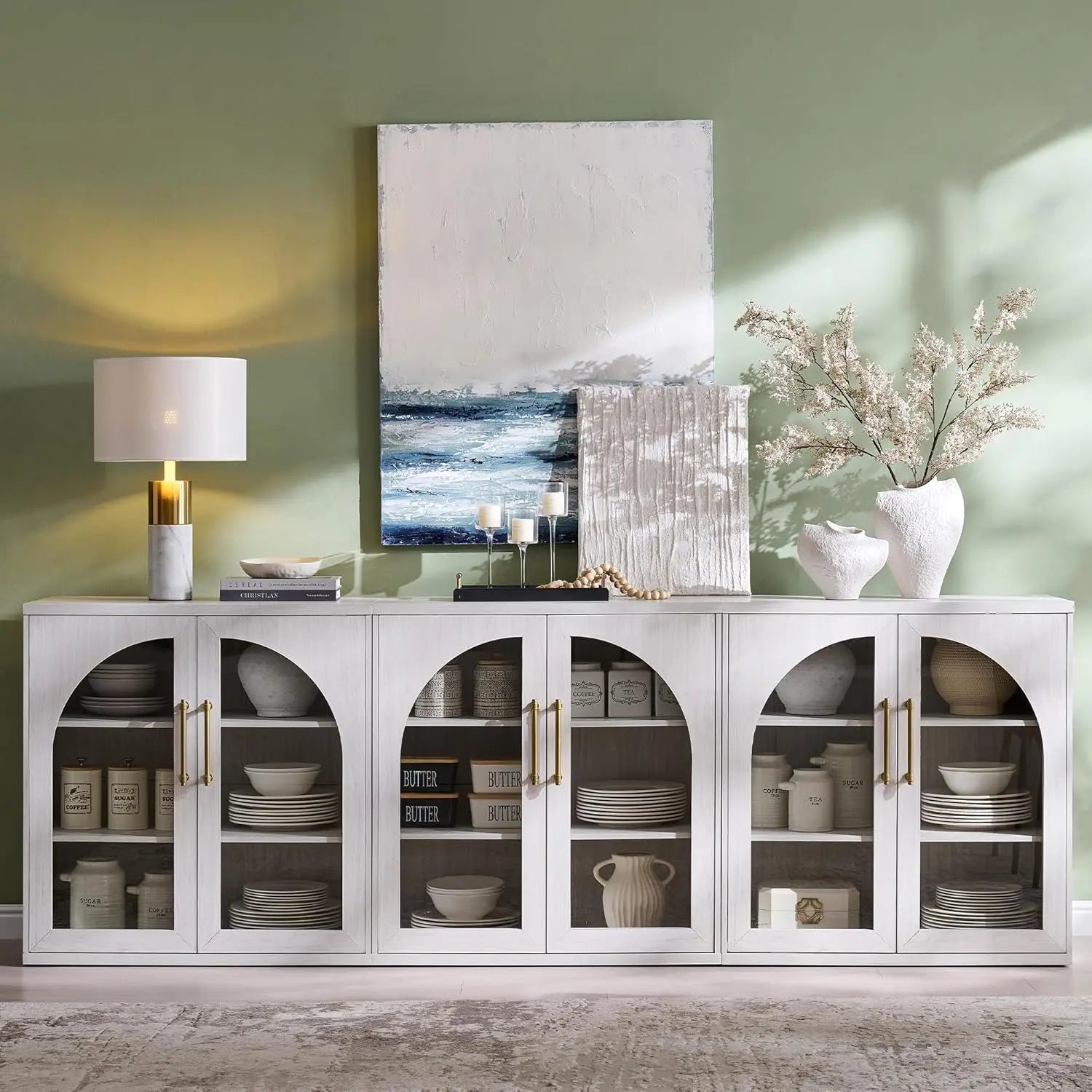 Fluted Arched Door Sideboard Set of 3, Accent Cabinet with Adjustable Shelf, Wood Storage for Dining & Living Room, Customized