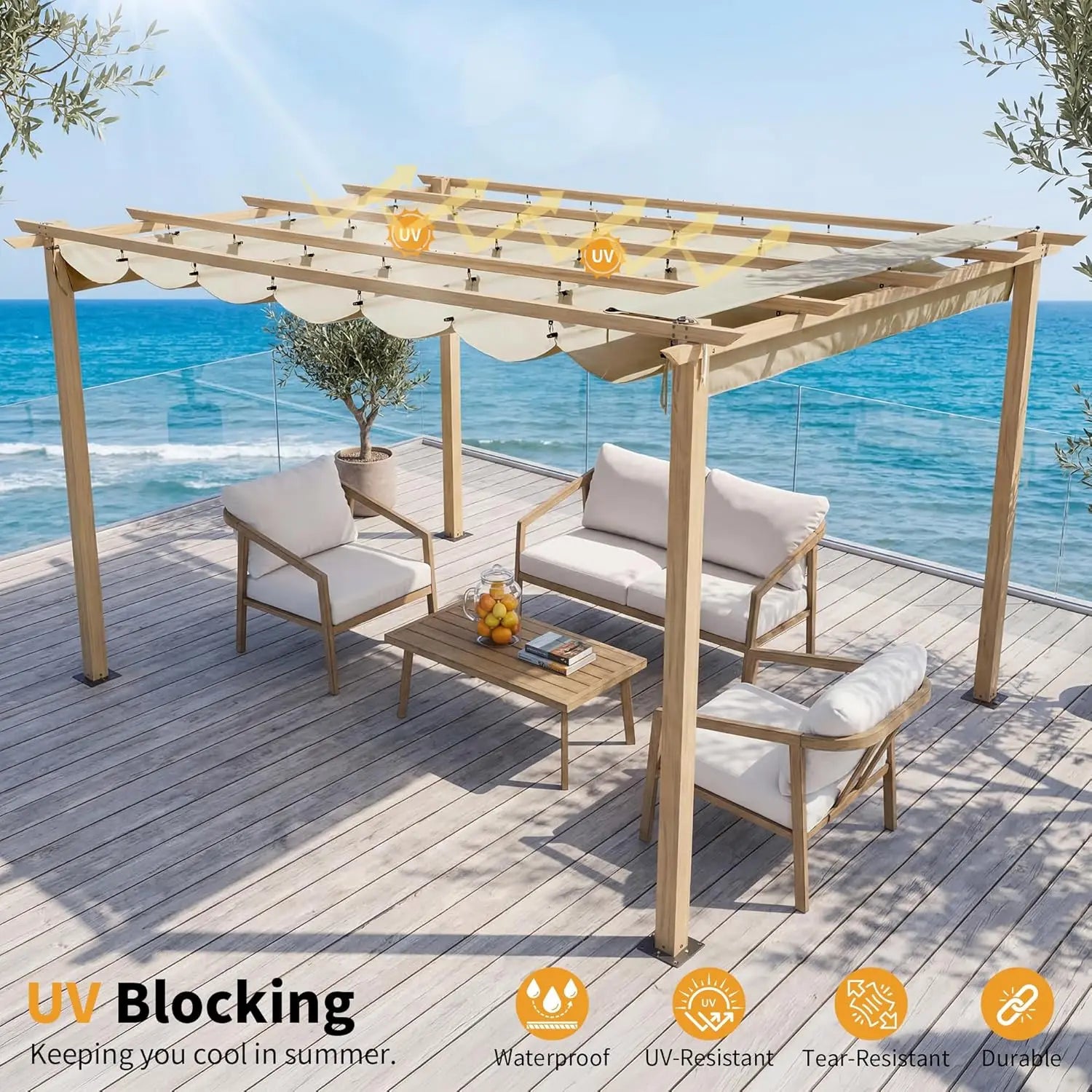 10x13ft Aluminum Retractable Pergola Gazebo Adjustable Roof Sun Shade