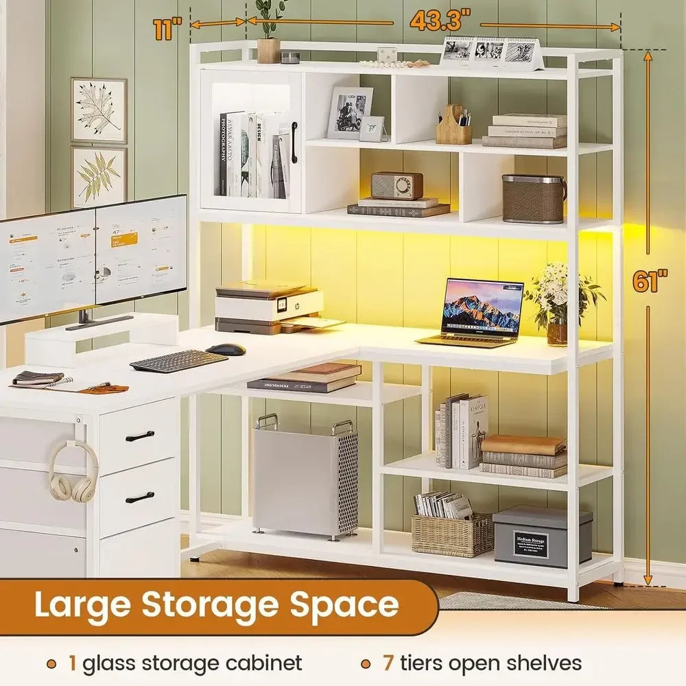 L-Shaped Desk with Storage, 3 Drawers, Bookshelf, LED Lighting