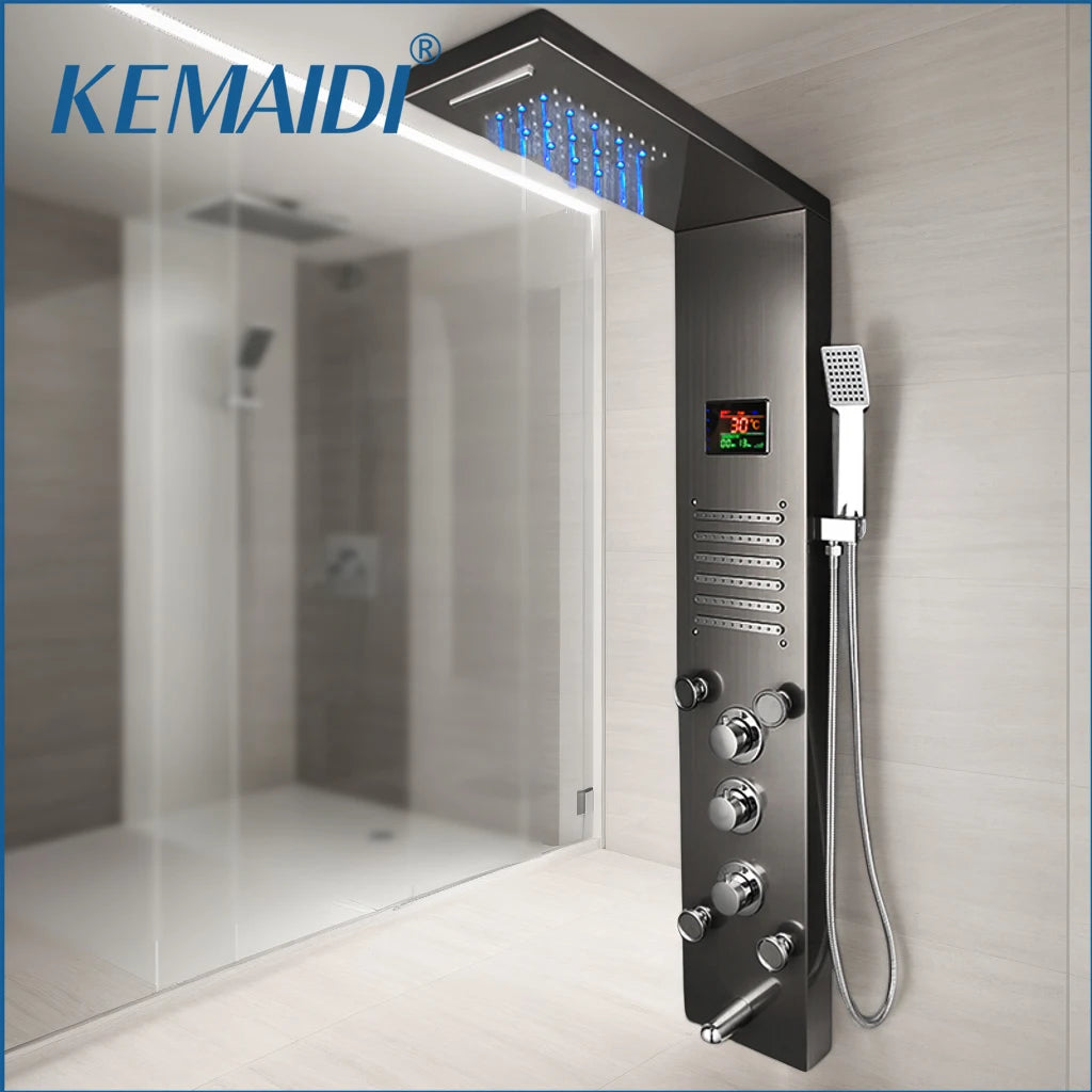 Black LED Shower Panel Set Bathroom Rainfall Shower Column